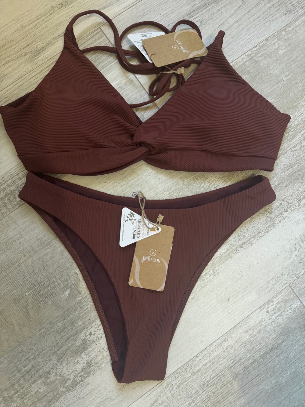 Women's Ribbed Twist Bikini Set - coffee